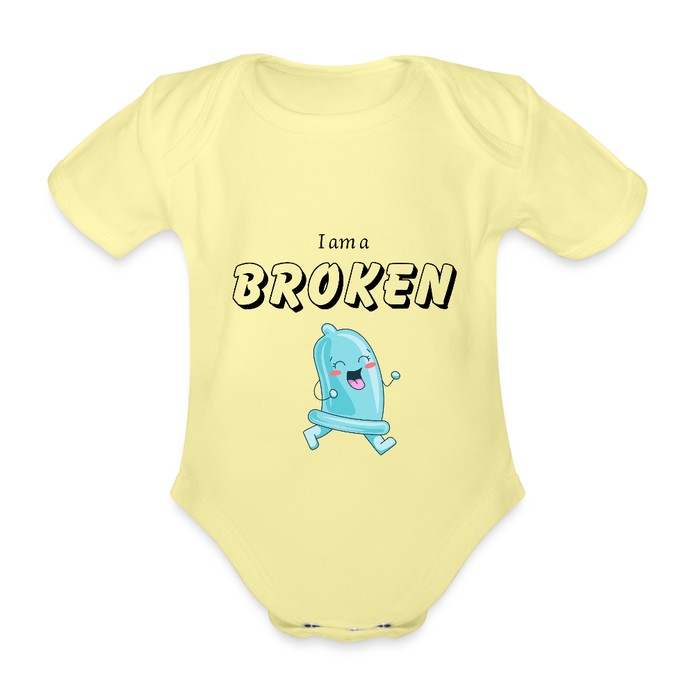 Baby Bodysuit - I am a broken condom (blue) - washed yellow