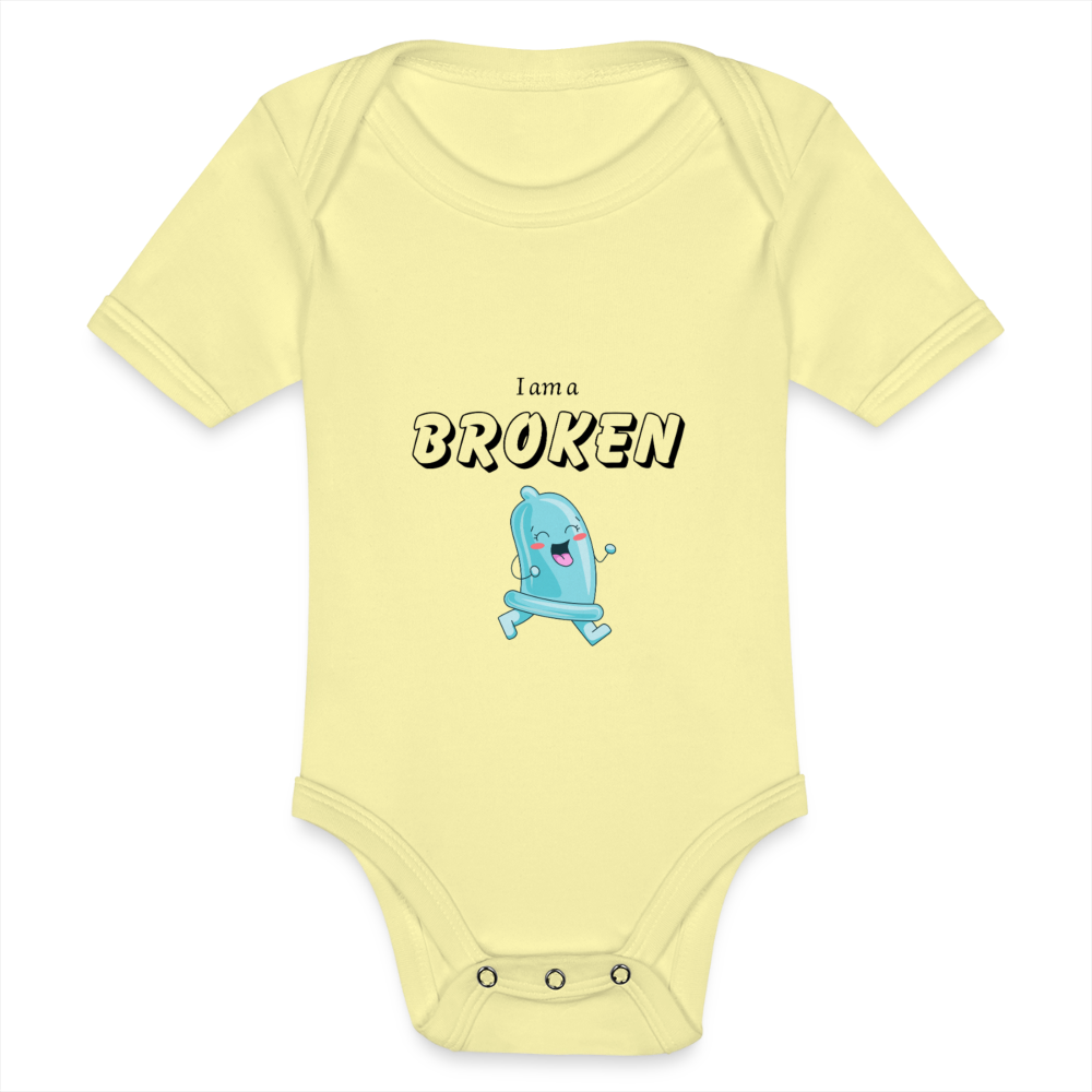 Baby Bodysuit - I am a broken condom (blue) - washed yellow